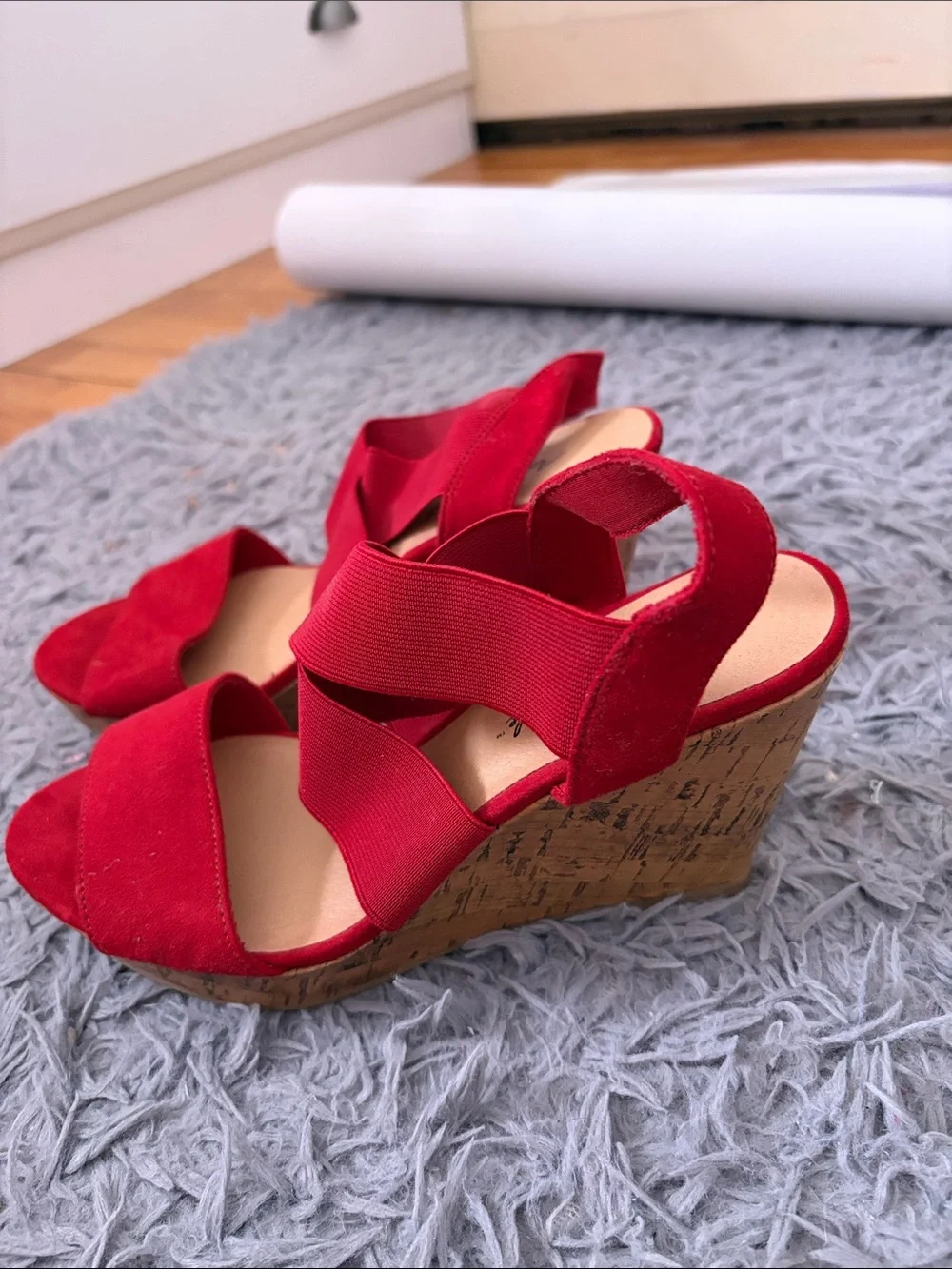 American Eagle Outfitters Red Elastic Crossover Wedge Sandals